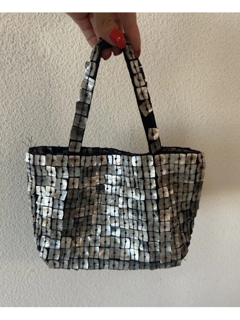 Vintage Y2K Mother of Pearl Shell Tile Handbag Beaded Silver Mini Purse - Picture 11 of 14